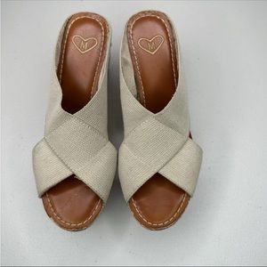 Madeline Adonis Wedge Sandal 7.5 M Cream Tan Peep Toe Canvas Cork Heel Shoe